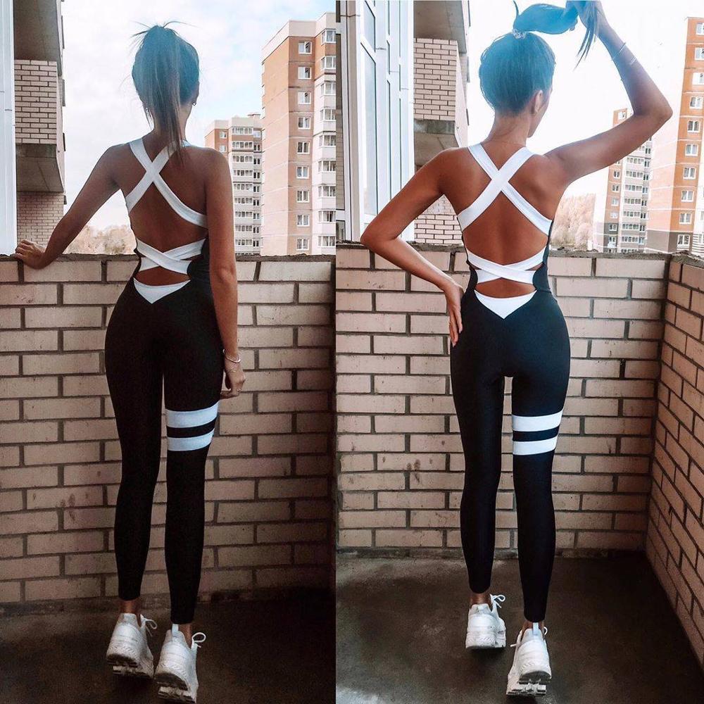 Women Yoga Gym Sportswear One Piece Backless Sexy Tracksuit For Female Workout Slim White Black Fitness Women Jumpsuit With Pad